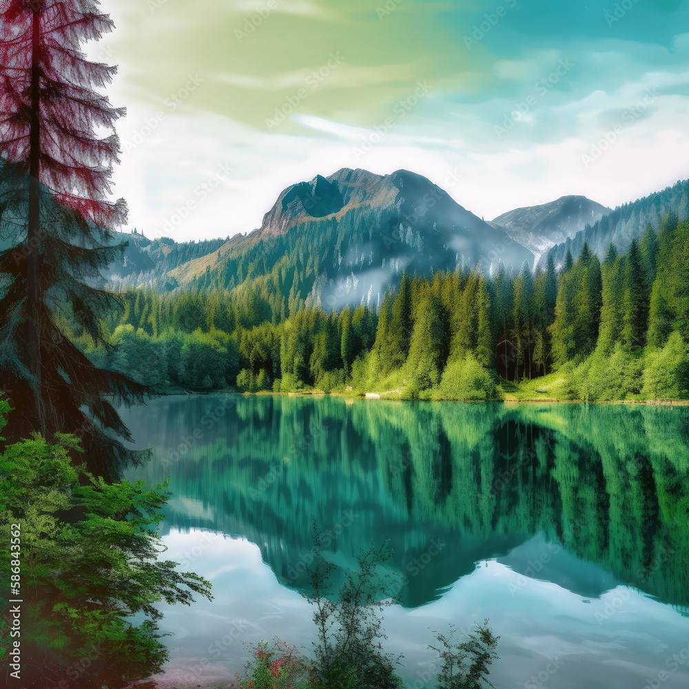 Beautiful landscape illustration of a serene lake with the reflection of tall trees in it.