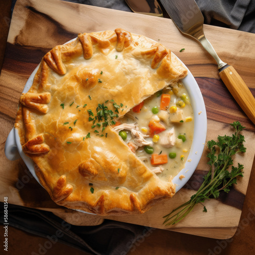 A delicious chicken pie, with golden-brown crust, is beautifully presented on a wooden plate