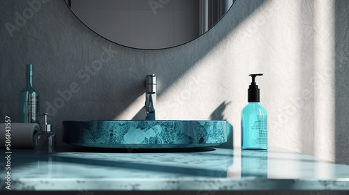 Modern and luxury bathroom vanity with blue turquoise quartz countertop with edge and black faucet in sunlight from window and leaf shadow on polished cement wall for toiletries, beauty background 3D
