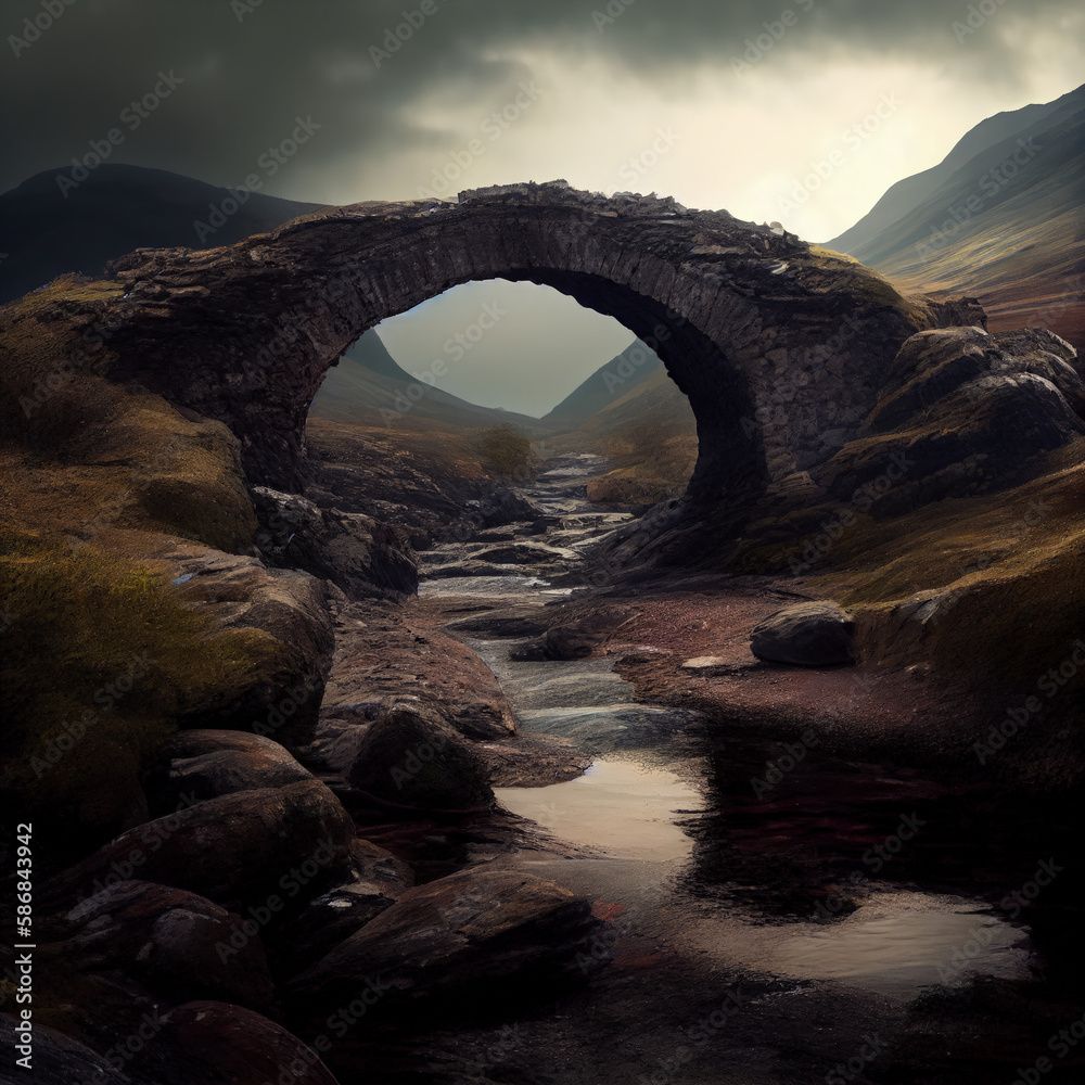 A charming stone arched bridge gracefully spans a small river, nestled amidst majestic mountains, creating a picturesque scene of natural beauty.