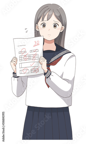 テストで赤点を取って困っている学生服の女子生徒(ロングへア)