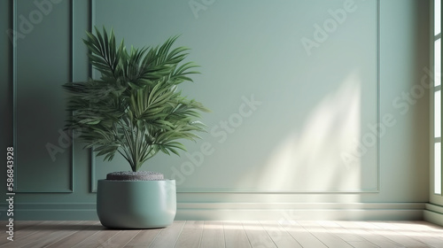 Blank sage green wall in house with green tropical tree in white modern design pot  baseboard on wooden parquet in sunlight for luxury interior design decoration  home appliance product background 3D