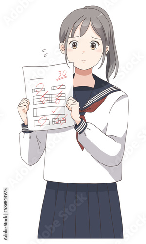 テストで赤点を取って困っている学生服の女子生徒(ポニーテールへア)
