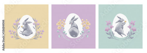 Нappy Easter cards set with cute Easter rabbit, eggs, flowers and chick in soft colors. Cute animal illustration in hand drawn style. Easter greeting cards.