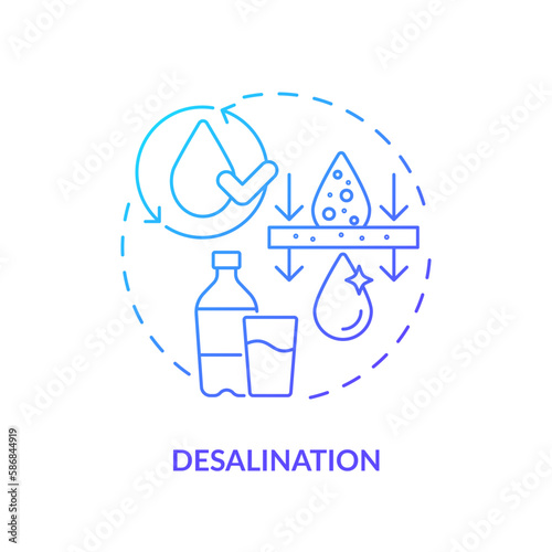 Desalination blue gradient concept icon. Removal of salts and minerals. Fresh water supply source abstract idea thin line illustration. Isolated outline drawing. Myriad Pro-Bold font used