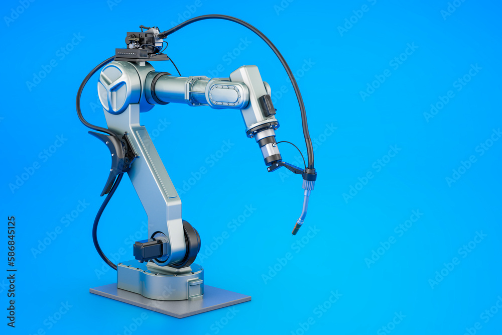 Robot welding on blue background, 3D rendering Robot welding on blue background, 3D rendering