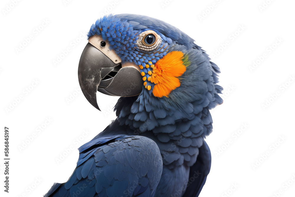 Fototapeta premium a summer-themed macro up-close photographic illustration of a blue indigo and orange macaw parrot head with flowers transparent background in PNG. T-shirt Design. Generative AI