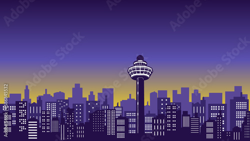 City panorama with many multi storey buildings next to the Changi Control Tower