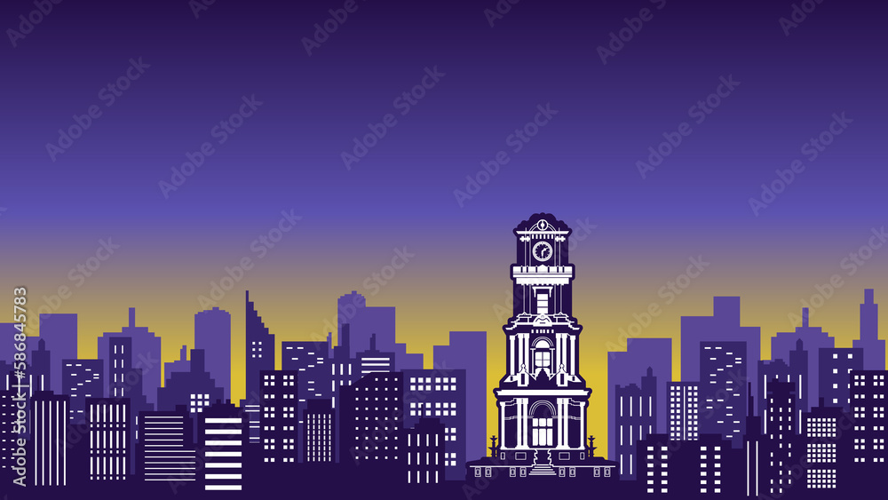 An illustration of dolmabahce clock tower and city buildings with many windows inside the building