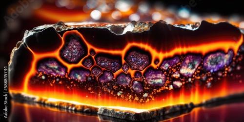 Vibrant fiery ruby red geode agate rock layers, sparkling and lustrous crystals clusters inside with striking textures and natural wavy patterns, macro closeup - generative AI. 