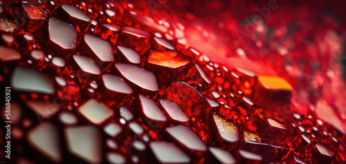 Vibrant ruby red gemstone chips and pebbles, sparkling and lustrous crystals scattered on rocky floor, shallow depth of field bokeh blur, macro closeup - generative AI.