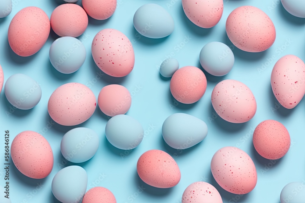 speckled eggs on a blue and pink background. Generative AI speckled eggs on a blue and pink background. Generative AI