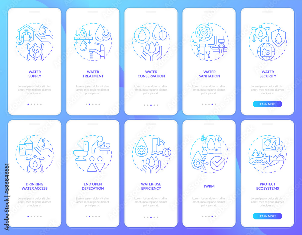 Water sanitation management blue gradient onboarding mobile app screens set. Walkthrough 5 steps graphic instructions with linear concepts. UI, UX, GUI template. Myriad Pro-Bold, Regular fonts used Water sanitation management blue gradient onboarding mobile app screens set. Walkthrough 5 steps graphic instructions with linear concepts. UI, UX, GUI template. Myriad Pro-Bold, Regular fonts used