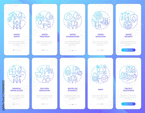 Water sanitation management blue gradient onboarding mobile app screens set. Walkthrough 5 steps graphic instructions with linear concepts. UI, UX, GUI template. Myriad Pro-Bold, Regular fonts used
