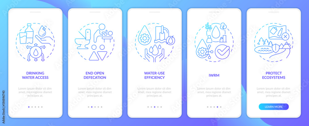 Clean water and sanitation blue gradient onboarding mobile app screen. Walkthrough 5 steps graphic instructions with linear concepts. UI, UX, GUI template. Myriad Pro-Bold, Regular fonts used