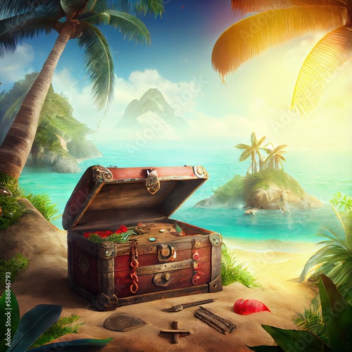 Pirate buried treasure chest on tropical island, created with generative ai