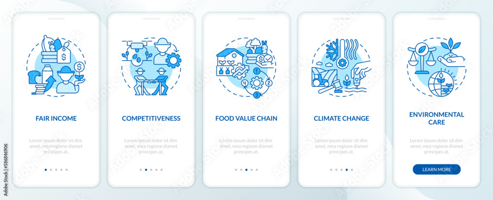 Agriculture policy objectives blue onboarding mobile app screen. Walkthrough 5 steps editable graphic instructions with linear concepts. UI, UX, GUI template. Myriad Pro-Bold, Regular fonts used
