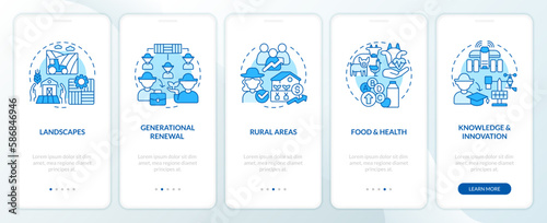 Agriculture policy focuses blue onboarding mobile app screen. Walkthrough 5 steps editable graphic instructions with linear concepts. UI, UX, GUI template. Myriad Pro-Bold, Regular fonts used