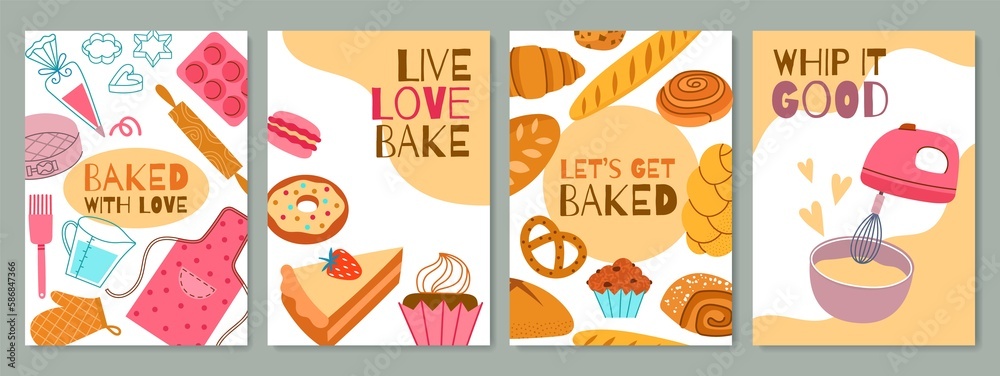 Pastry products cards. Cartoon baked desserts with creme and sweet icing, tasty cakes with strawberry, bread, donuts, croissant, vector set.jpg