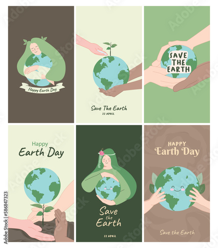 International Mother Earth Day illustration set. Ecology and environmental protection blue green background.