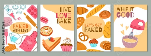 Pastry products cards. Cartoon baked desserts with creme and sweet icing, tasty cakes with strawberry, bread, donuts, croissant, vector set.jpg