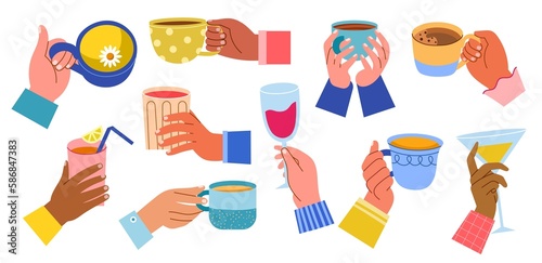 People hands holding cold and hot drinks. Cartoon glasses, goblets and cups with tea, coffee and wine, human arms with margarita, vector set.jpg