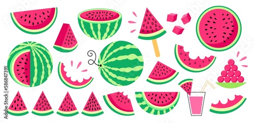 Fototapeta Naklejka Na Ścianę i Meble -  Whole watermelon and pieces. Juicy bright fruit, healthy diet sweet berry, different cutting, red, green striped with seeds, vector set.jpg