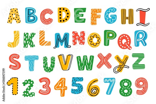 Bright primitive kids font. Colored letters and numbers, cartoon childish elements, funny english alphabet, cute typographics, vector set.jpg