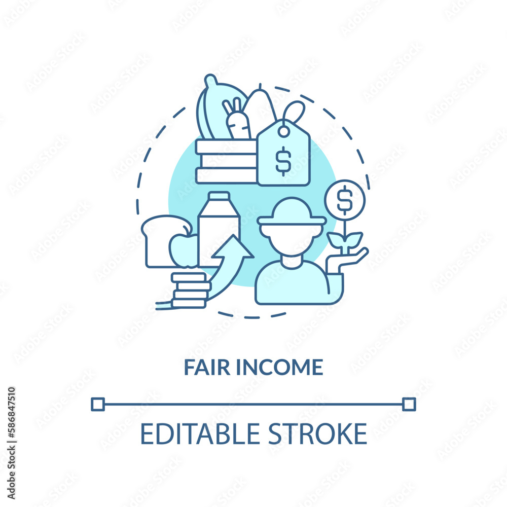 Fair income turquoise concept icon. Farm products. Agriculture policy objective abstract idea thin line illustration. Isolated outline drawing. Editable stroke. Arial, Myriad Pro-Bold fonts used