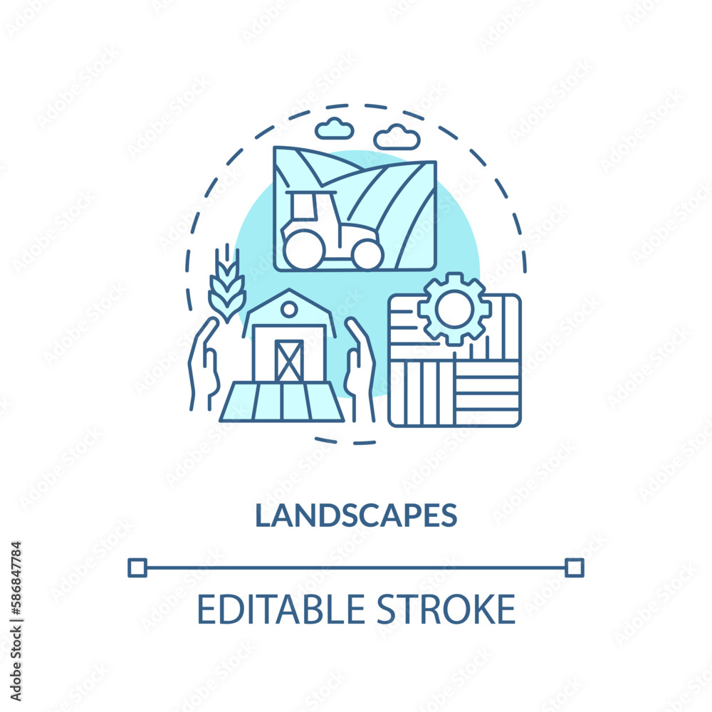 Landscapes turquoise concept icon. Biodiversity care. Agriculture policy objective abstract idea thin line illustration. Isolated outline drawing. Editable stroke. Arial, Myriad Pro-Bold fonts used