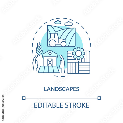 Landscapes turquoise concept icon. Biodiversity care. Agriculture policy objective abstract idea thin line illustration. Isolated outline drawing. Editable stroke. Arial, Myriad Pro-Bold fonts used