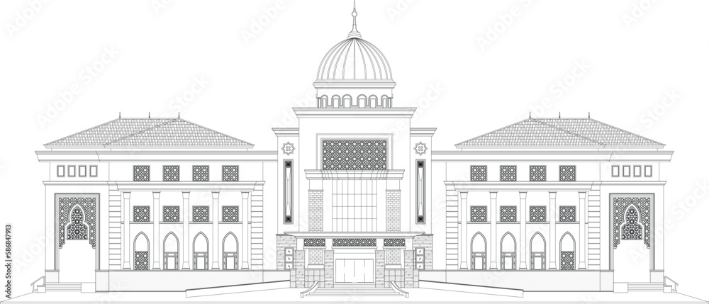 continuous line drawing of building islamic, residential building concept, logo, symbol, construction, illustration simple.vector. one line drawing of a house. house 2D drawing.