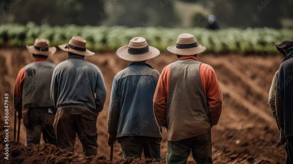 três homens de chapéu em meio a uma plantação três homens de chapéu em meio a uma plantação
