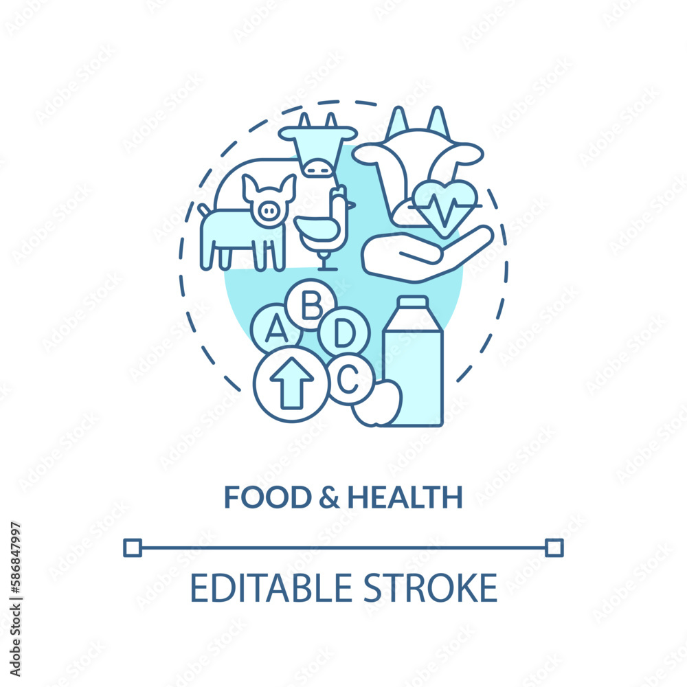 Food and health turquoise concept icon. Farm products. Agriculture policy objective abstract idea thin line illustration. Isolated outline drawing. Editable stroke. Arial, Myriad Pro-Bold fonts used Food and health turquoise concept icon. Farm products. Agriculture policy objective abstract idea thin line illustration. Isolated outline drawing. Editable stroke. Arial, Myriad Pro-Bold fonts used