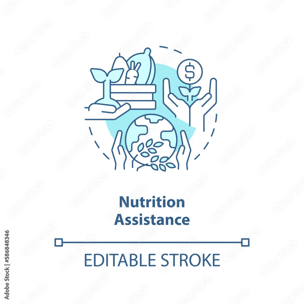 Nutrition assistance turquoise concept icon. Food insecurity. Agricultural subsidy abstract idea thin line illustration. Isolated outline drawing. Editable stroke. Arial, Myriad Pro-Bold fonts used Nutrition assistance turquoise concept icon. Food insecurity. Agricultural subsidy abstract idea thin line illustration. Isolated outline drawing. Editable stroke. Arial, Myriad Pro-Bold fonts used