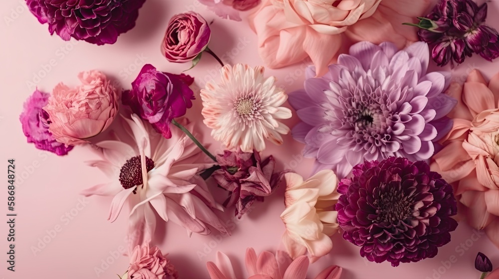 Purple background with top view pink and purple flowers composition. Generative AI.