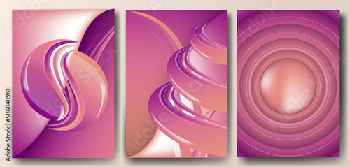 Set of abstract background templates with lilac volumetric shapes