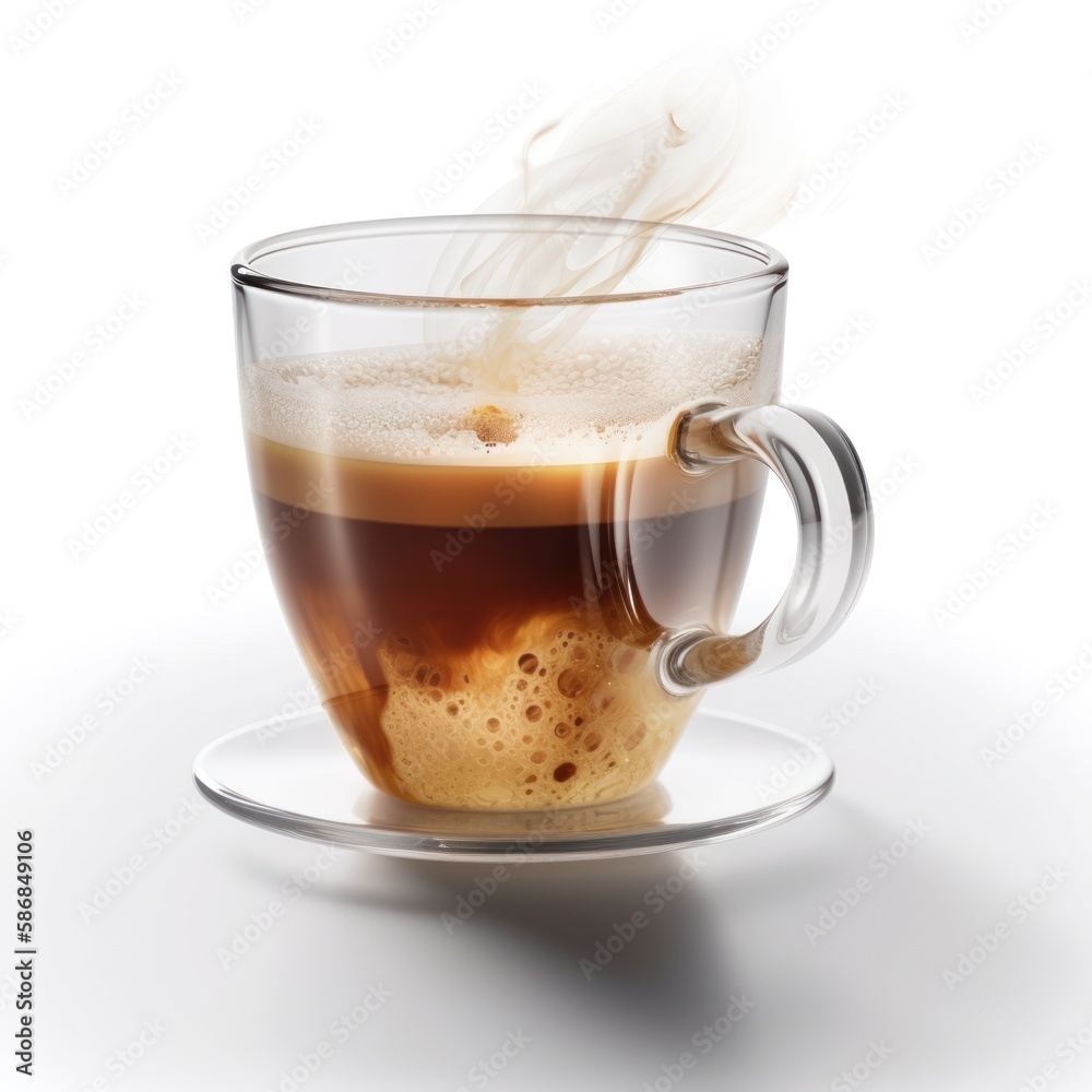 Cup of coffee with steam rising from it. The coffee is brown and has foam on top. The cup is sitting on a saucer Cup of coffee with steam rising from it. The coffee is brown and has foam on top. The cup is sitting on a saucer