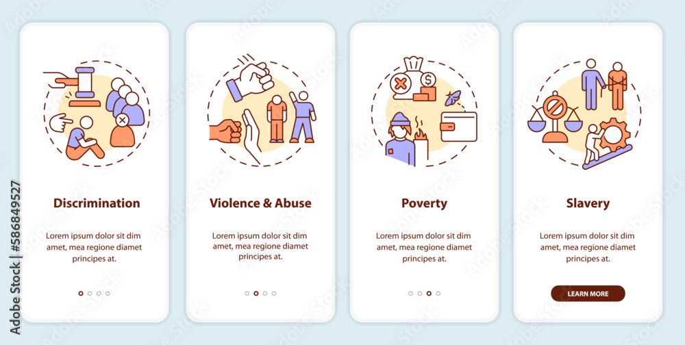 Justice issues onboarding mobile app screen. Society problems walkthrough 4 steps editable graphic instructions with linear concepts. UI, UX, GUI template. Myriad Pro-Bold, Regular fonts used