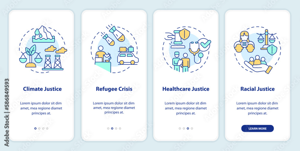 Social justice examples onboarding mobile app screen. Walkthrough 4 steps editable graphic instructions with linear concepts. UI, UX, GUI template. Myriad Pro-Bold, Regular fonts used