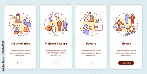 Justice issues onboarding mobile app screen. Society problems walkthrough 4 steps editable graphic instructions with linear concepts. UI, UX, GUI template. Myriad Pro-Bold, Regular fonts used © bsd studio