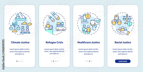 Social justice examples onboarding mobile app screen. Walkthrough 4 steps editable graphic instructions with linear concepts. UI, UX, GUI template. Myriad Pro-Bold, Regular fonts used