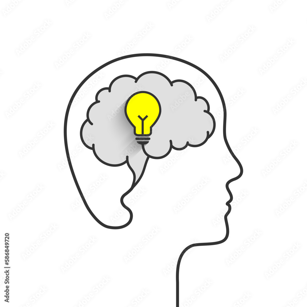 Bright idea concept with head, brain and light bulb. Yellow lightbulb ...