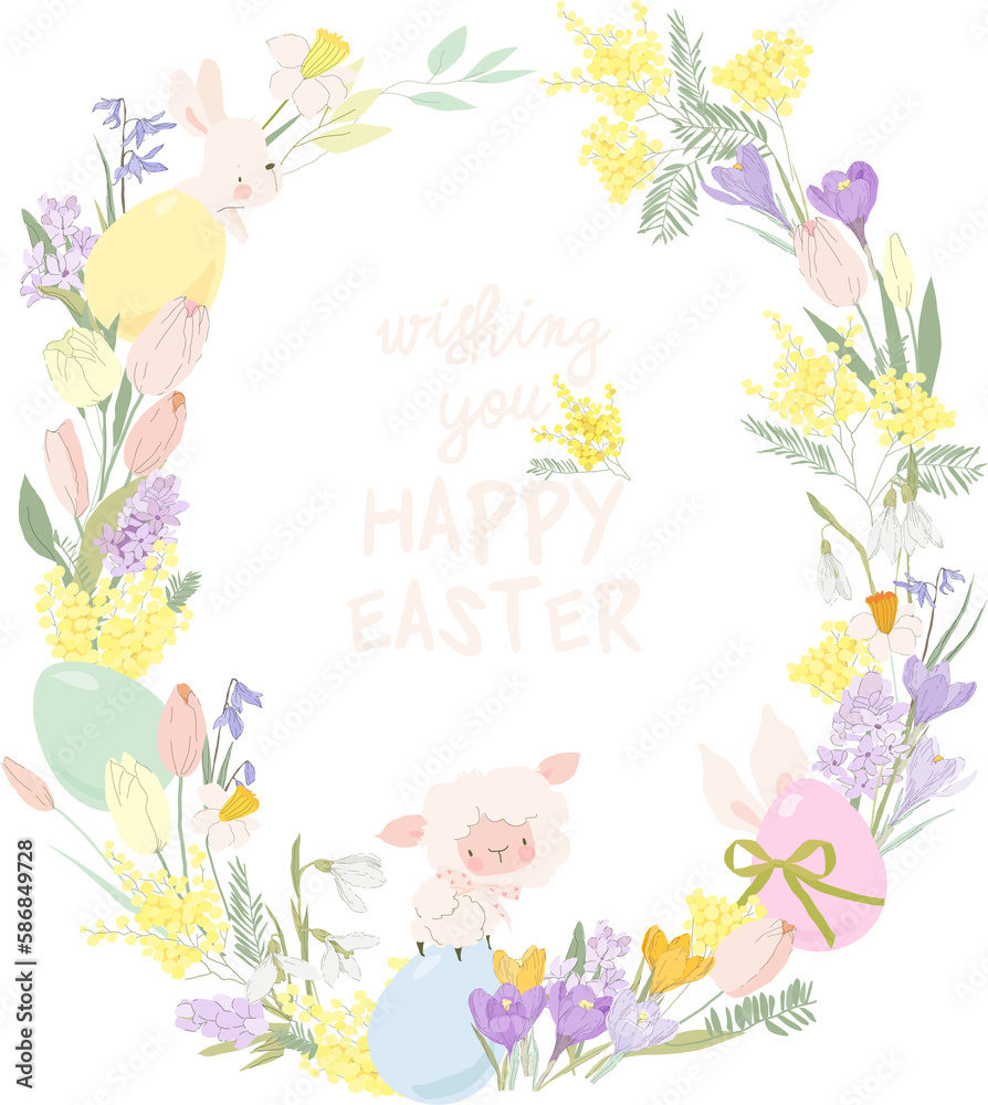 Vector Cartoon Easter Wreath with Eggs, Flowers and Animals
