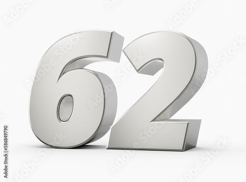 3d Shiny Silver Number 62, Sixty Two 3d Silver Number Isolated On White Background, 3d illustration