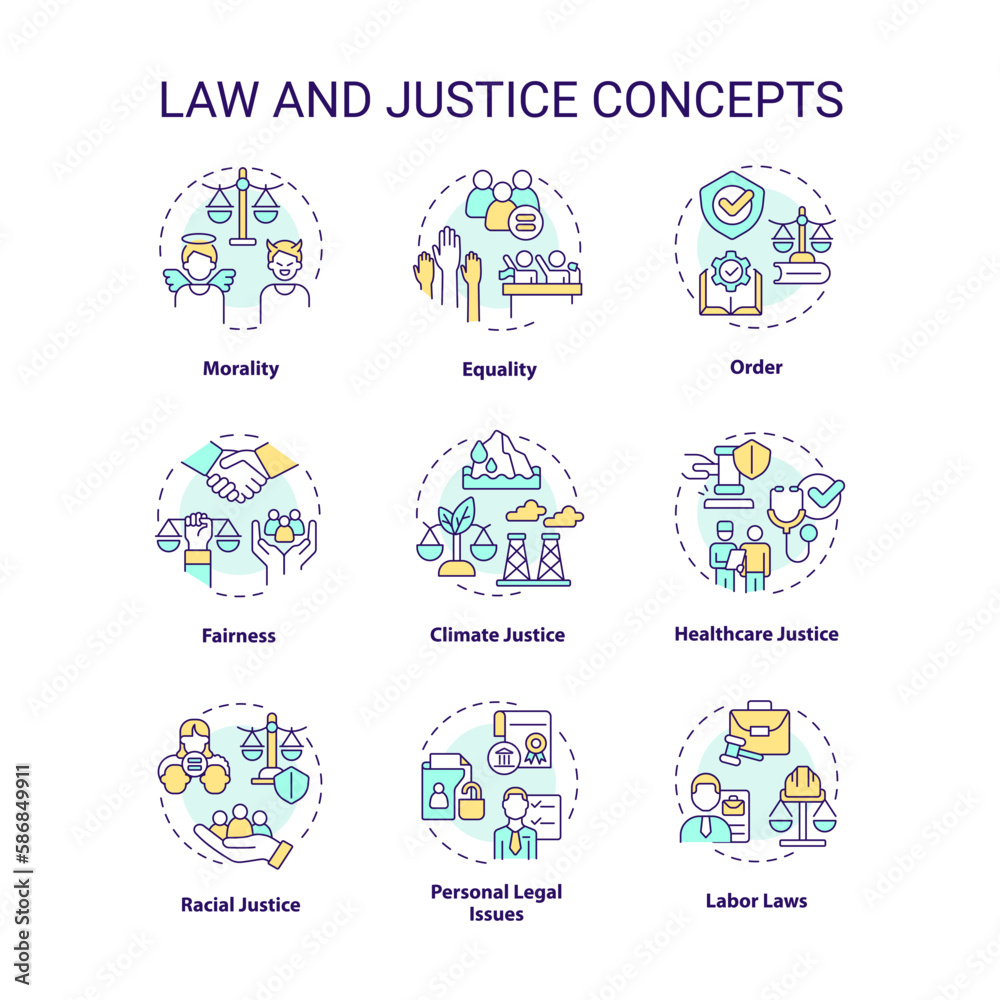 Law and justice concept icons set. Equity and fairness. Human rights protection idea thin line color illustrations. Isolated symbols. Editable stroke. Roboto-Medium, Myriad Pro-Bold fonts used