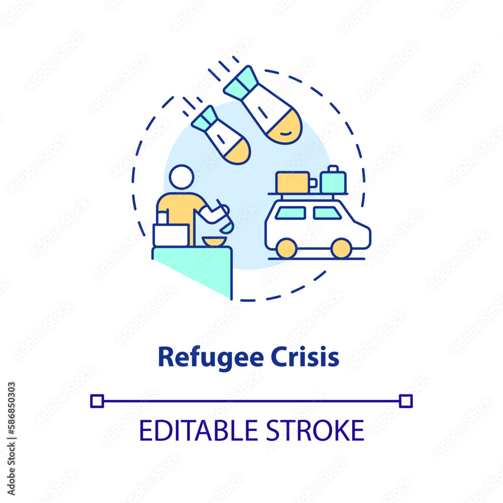 Refugee crisis concept icon. Escaping war zones. Social justice example abstract idea thin line illustration. Isolated outline drawing. Editable stroke. Arial, Myriad Pro-Bold fonts used Refugee crisis concept icon. Escaping war zones. Social justice example abstract idea thin line illustration. Isolated outline drawing. Editable stroke. Arial, Myriad Pro-Bold fonts used