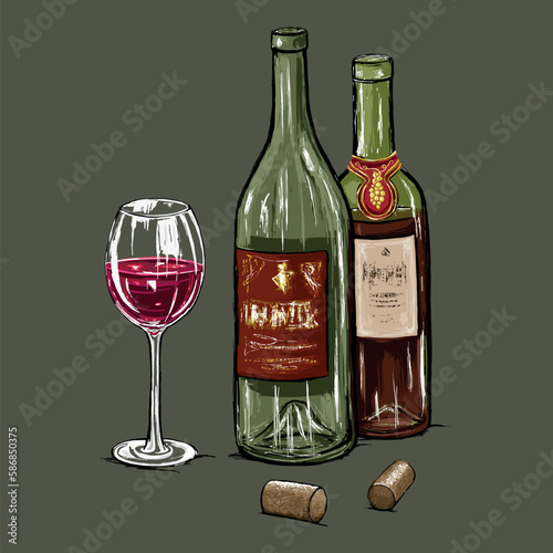 Dwie butelki wina i kielich napełniony czerwonym winem. Czerwone wino, lampka z winem i dwa korki. Lśniące butelki z zielonego szkła i szklany kieliszek. Ilustracja wektorowa, rysunek odręczny