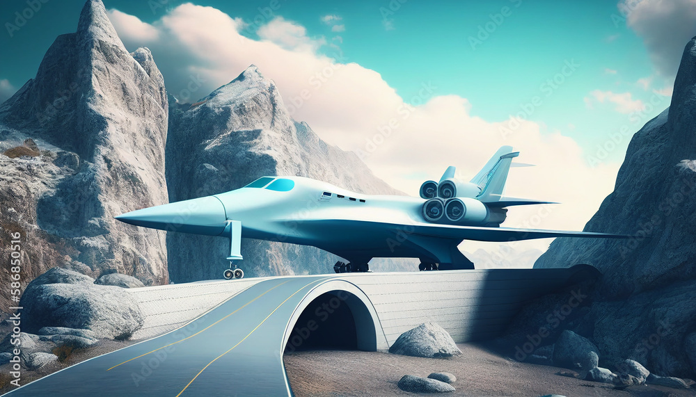 minimalist background with blue jet on the bridge. Generative AI