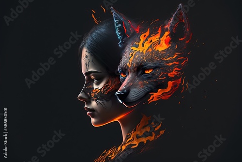 illustration of traditional Asian folklore mythology creature, nine-tailed fox, shapeshifting appearance to be other person or human form, modern art theme, Generative Ai photo